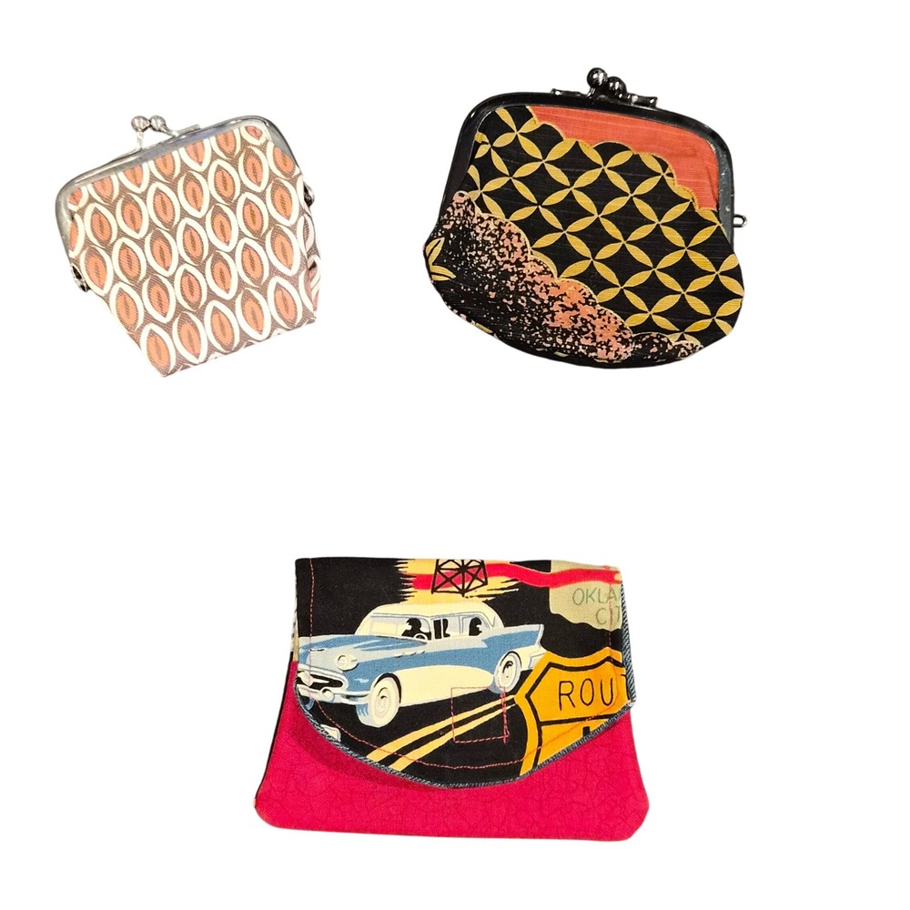 Vintage Style Coin Purse Lot 3pc Kiss Lock Fabric Pouch Route 66 Retro MCM 50s